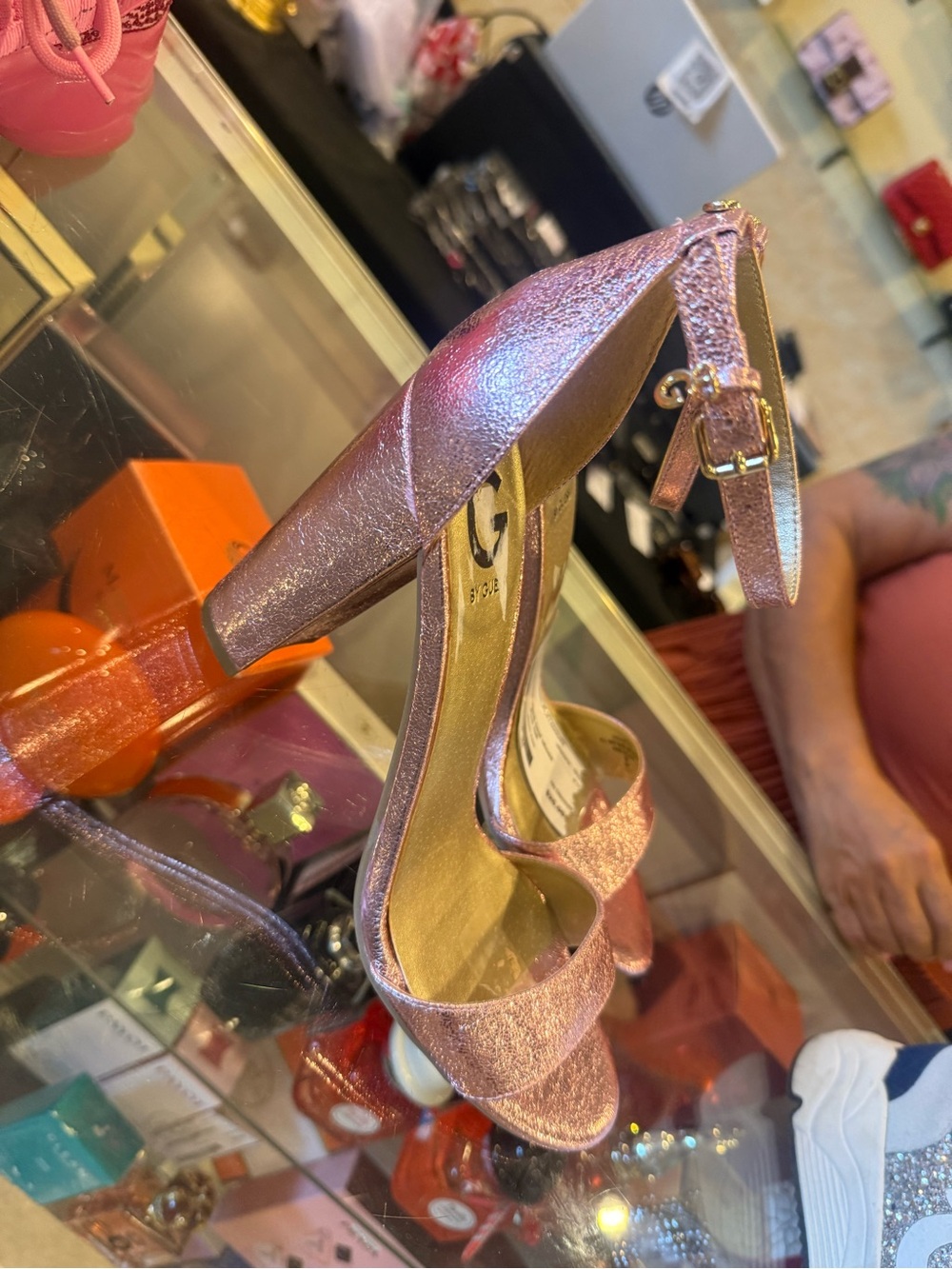 Guess Pink Iridescent Block Heel Sandals with Ankle Strap